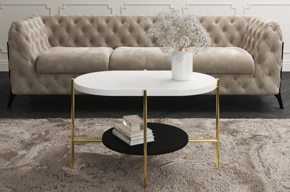 Moderní konferenční stolek Dancan ARENA / zlatá podnož + bílá a černá deska