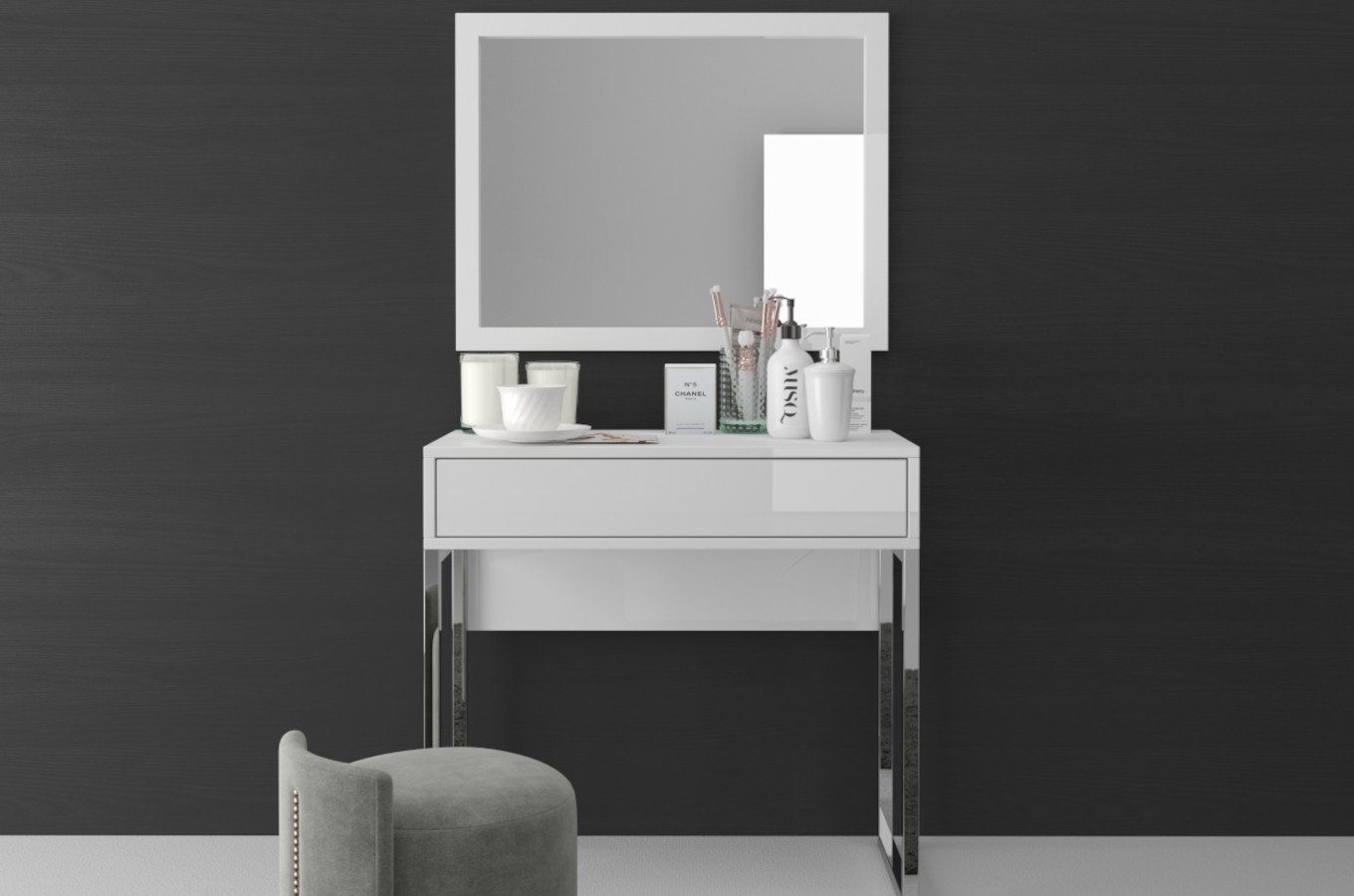 Bílý moderní toaletní stolek Dancan EVA se stříbrným rámem