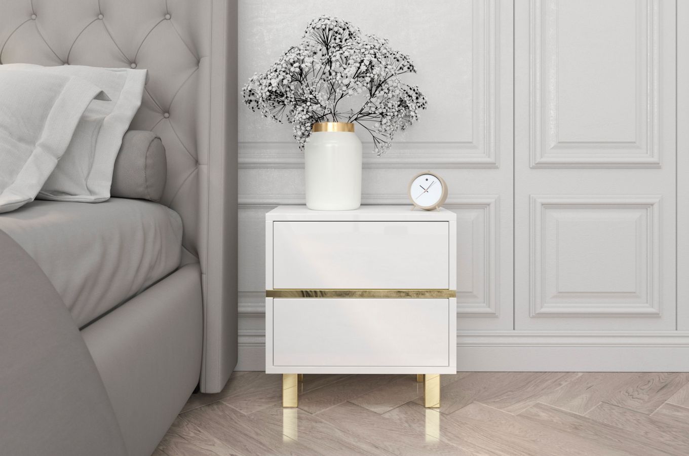 Elegantní bílý noční stolek Dancan MAGICA se zlatými doplňky 