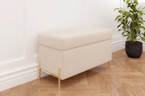 Béžová čalouněná lavice dancan borgo s úložným prostorem, na zlatých kovových nohách