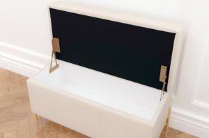 Béžová čalouněná lavice dancan borgo s úložným prostorem, na zlatých kovových nohách