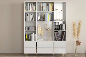 Elegantní bílá knihovna Dancan CAROLINE se zlatými doplňky / 140 cm