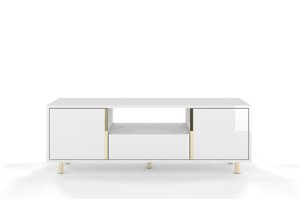 Elegantní bílý  tv stolek Dancan CAROLINE ze zlatými doplňky / šíř. 140 cm 