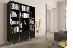 Elegantní černá knihovna Dancan CAROLINE se zlatými doplňky / 140 cm 