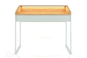 Moderní psací stůl Dancan FINKA s osvětlením / deska z horského jasanu, pastelově zelená zásuvka, šedý rám