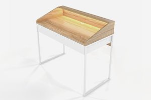 Moderní psací stůl Dancan  FINKA s osvětlením / deska z horského jasanu, zásuvka arktická bílá, bílý rám