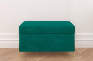 Zeleně čalouněná lavice dancan borgo s úložným prostorem, na zlatých kovových nohách